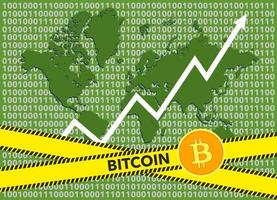 Das Bitcoin-Index-Rating steigt am Börsenmarkt. weißer Pfeil. Der Bitcoin-Kurs wächst vor dem Hintergrund der Weltkarte. gelbes Band. Wort Bitcoin. vektor