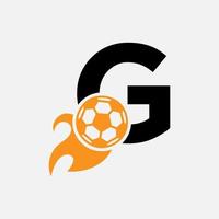 första brev g fotboll logotyp begrepp med rör på sig fotboll ikon och brand symbol. fotboll logotyp vektor mall