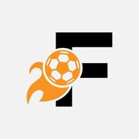 Anfangsbuchstabe f Fußball-Logo-Konzept mit beweglichem Fußball-Symbol und Feuersymbol. Fußball-Logo-Vektorvorlage vektor