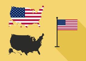 Usa-Flagge-Design-Karte auf gelbem Hintergrund. Vektor der Flaggen der Karte der Vereinigten Staaten. Flagge auf Karte, Vektorillustration. schwarze Silhouette.