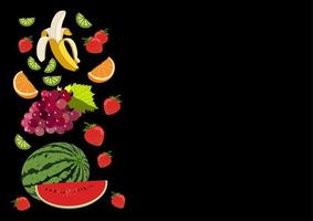 Früchte auf schwarzem Hintergrund. Menüvorlage. Wassermelone, Limette, Orange, Traube, Banane. vektor