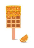 Süßspeisen und Desserts, Vektorillustration von goldbraunem, hausgemachtem Corndog oder Hot-Dog-Waffeln auf einem Stock in verschiedenen Geschmacksrichtungen und Orangenschokolade mit Orangenscheiben. vektor