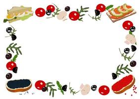 baner eller ram med frukost Ingredienser på de sida. frukost meny design. vektor illustration för en Kafé eller restaurang. platt hand dragen bild stil. smörgåsar. tömma Plats.