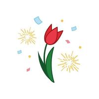 hand gezeichnete tulpenblumenikone mit konfetti und feuerwerk. Vektorillustration im Doodle-Stil. Valentinstagsgeschenk, Geschenk. designikone, druck, logo, symbol, dekor. vektor