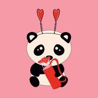 söt liten Sammanträde panda innehar cupid's kärlek pilar. tecknad serie djur- karaktär för barn kort, bebis dusch, inbjudan, affisch, t-shirt sammansättning, hus interiör. vektor stock illustration