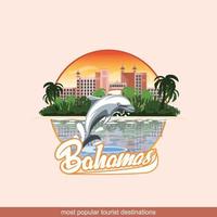 Illustration der Bahamas mit einem spielenden Delphin und Hotels im Hintergrund. vektor