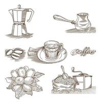 Reihe von Handzeichnungen zum Thema Kaffee. vektor