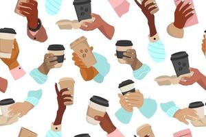 sömlös mönster. olika händer av mångkulturell människor innehav kaffe koppar. begrepp av kaffe till gå. vektor tecknad serie illustration.
