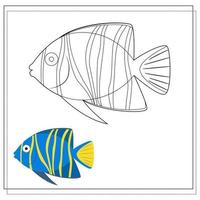 de sida av de färg bok, blå fisk med gul Ränder. Färg version och skiss. färg bok för ungar. vektor illustration isolerat på en vit bakgrund