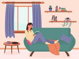 Buchkonzept. Eine junge Frau liest ein Buch auf dem Sofa. vektorillustration im flachen stil. vektor