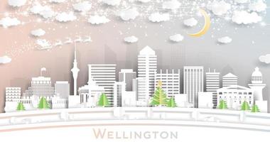 wellington ny zealand stad horisont i papper skära stil med snöflingor, måne och neon krans. vektor