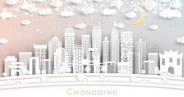 chongqing china city skyline im papierschnittstil mit weißen gebäuden, mond und neongirlande. vektor