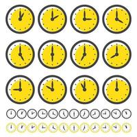 satz von uhrsymbolen für jede stunde isoliert auf weiß. Uhren mit gelbem Kreis. vektor
