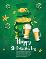 festliches banner des saint patricks day mit topfgefüllten goldenen münzen, glas bier, grünem hut und kleeblatt. vektor