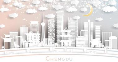 chengdu china city skyline im papierschnittstil mit weißen gebäuden, mond und neongirlande. vektor