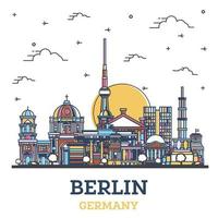 skizzieren sie die skyline der stadt berlin deutschland mit farbigen historischen gebäuden, die auf weiß isoliert sind. vektor