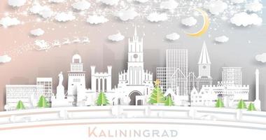 kaliningrad ryssland stad horisont i papper skära stil med snöflingor, måne och neon krans. vektor