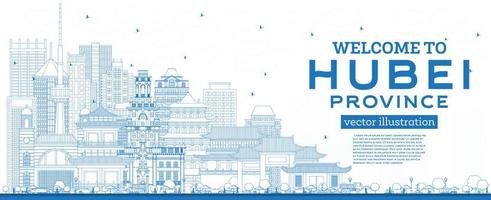 Willkommen in der Provinz Hubei in China. skizzieren Sie die Skyline der Stadt mit blauen Gebäuden. vektor