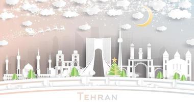 teheran iran city skyline im papierschnittstil mit schneeflocken, mond und neongirlande. vektor