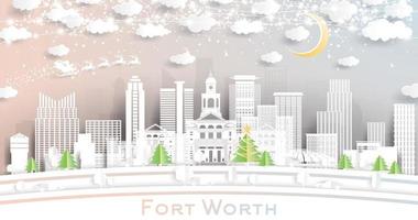 Fort Worth Texas City Skyline im Papierschnitt-Stil mit Schneeflocken, Mond und Neongirlande. vektor