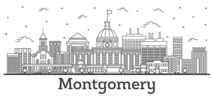 skizzieren sie die skyline von montgomery alabama mit modernen gebäuden, die auf weiß isoliert sind. vektor