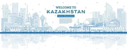 översikt Välkommen till Kazakstan. stad horisont med blå byggnader och reflektioner. vektor