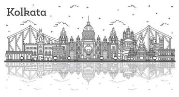 översikt kolkata Indien stad horisont med historisk byggnader och reflektioner isolerat på vit. vektor