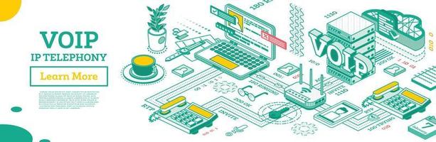 voIP ip telefoni tjänster. isometrisk översikt begrepp. konfiguration schema av systemet. vektor