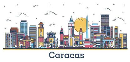 skizzieren sie die skyline von caracas venezuela mit farbigen historischen gebäuden, die auf weiß isoliert sind. vektor