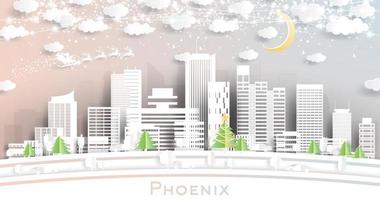 phoenix arizona city skyline im papierschnittstil mit schneeflocken, mond und neongirlande. vektor