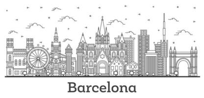 skizzieren sie die skyline von barcelona spanien mit historischen gebäuden, die auf weiß isoliert sind.
