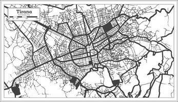 tirana albanien stadtplan in schwarz-weißer farbe im retro-stil isoliert auf weiß. vektor