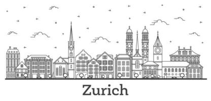 skizzieren sie die skyline der stadt zürich schweiz mit historischen gebäuden, die auf weiß isoliert sind. vektor