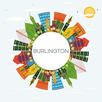 Burlington iowa horisont med Färg byggnader, blå himmel och kopia Plats. vektor