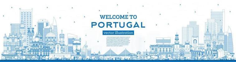 Välkommen till portugal. översikt stad horisont med blå byggnader. vektor