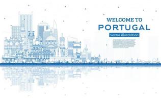 Willkommen in Portugal. skizzieren Sie die Skyline der Stadt mit blauen Gebäuden und Reflexionen. vektor