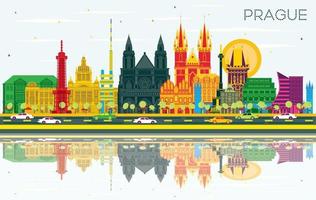 prag tjeck republik stad horisont med Färg byggnader, blå himmel och reflektioner. vektor