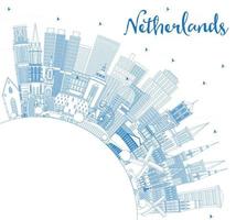 översikt nederländerna horisont med blå byggnader och kopia Plats. vektor