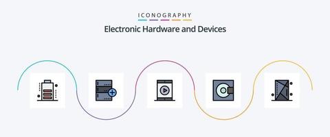 Gerätezeile gefülltes flaches 5-Icon-Pack einschließlich Technologie. Minidisc. Kino. Elektronik. Telefon vektor