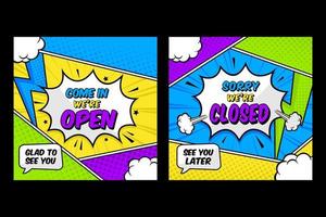 offene und geschlossene Schilder speichern Informationen im Pop-Art-Comic-Stil vektor