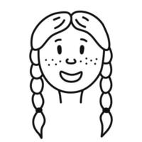 klotter porträtt ung flicka med flätor. hand dragen person avatar. isolerat vektor illustration.