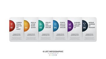 6 Liste von Schritten, horizontales Layoutdiagramm mit Anzahl der Sequenzen, farbenfrohe und moderne Infografik-Elementvorlage