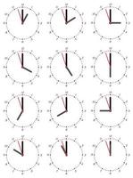 ein Satz mechanischer Uhren mit einem Bild von jeder der zwölf Stunden. Ziffernblatt auf weißem Hintergrund. vektor