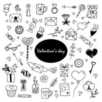 handgezeichnetes Doodle-Valentinstag-niedliches Set. Vektor Liebe Cliparts. Gliederung.