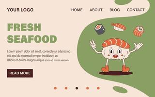 Vektor funky Nigiri-Sushi-Maskottchen im Retro-Stil. groovige Zielseiten-Webvorlage. Website design. Lachs-Sushi-Charakter der 70er Jahre. Maki-Sushi und Philadelphia-Sushi-Rolle.