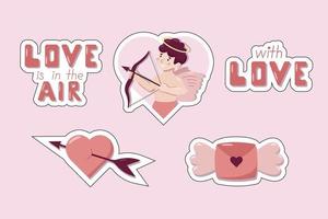Valentinstag Konzept Vektor Cartoon Elemente Amor, Buchstaben mit Flügeln, Herzen und Schriftzug Aufkleber. rosa süße Aufkleber für Geschenkpapier und Geschenkboxen