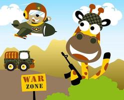 kleiner Bär auf Kampfjet, niedliche Giraffe mit Waffe, die sich im Busch versteckt, Militärlastwagen, Vektor-Cartoon-Illustration vektor