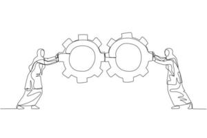 Illustration der muslimischen Geschäftsfrau, die das Zahnradkonzept der Geschäftsteamarbeit drückt. Kunststil mit durchgehender Linie vektor