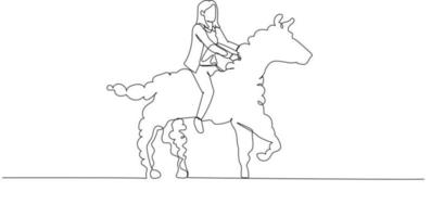 Zeichnung einer Geschäftsfrau, die auf einem weißen Wolkenpferd reitet, Metapher der Managementidee. Einzeiliger Kunststil vektor