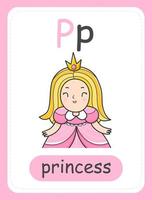 alfabet kort för barn med de brev p och prinsessa. pedagogisk kort för ungar. de ord prinsessa, de engelsk alfabet. vektor illustration.